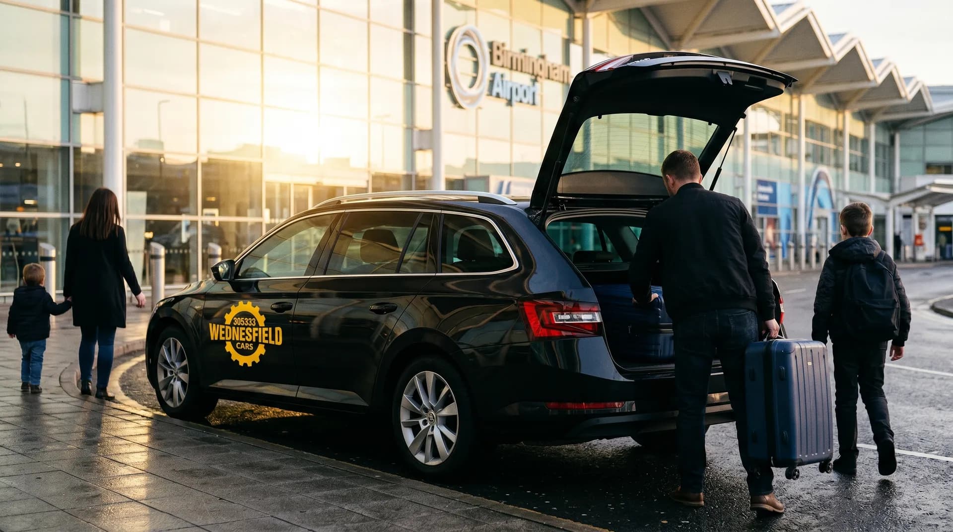 A family arriving at Birmingham Airport after a Wednesfield Cars transfer from Wolverhampton