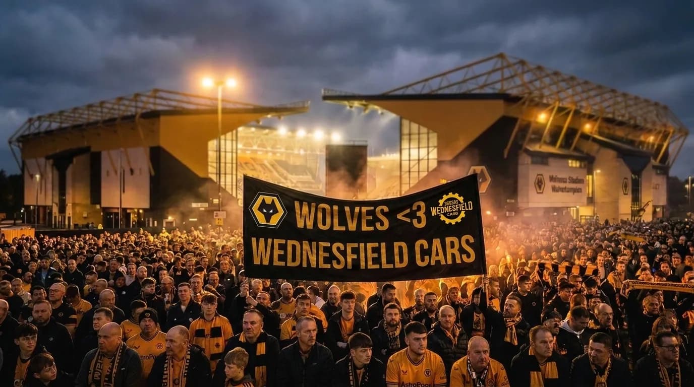 Wolves fans outside Molineux holding a Wolves and Wednesfield Cars banner