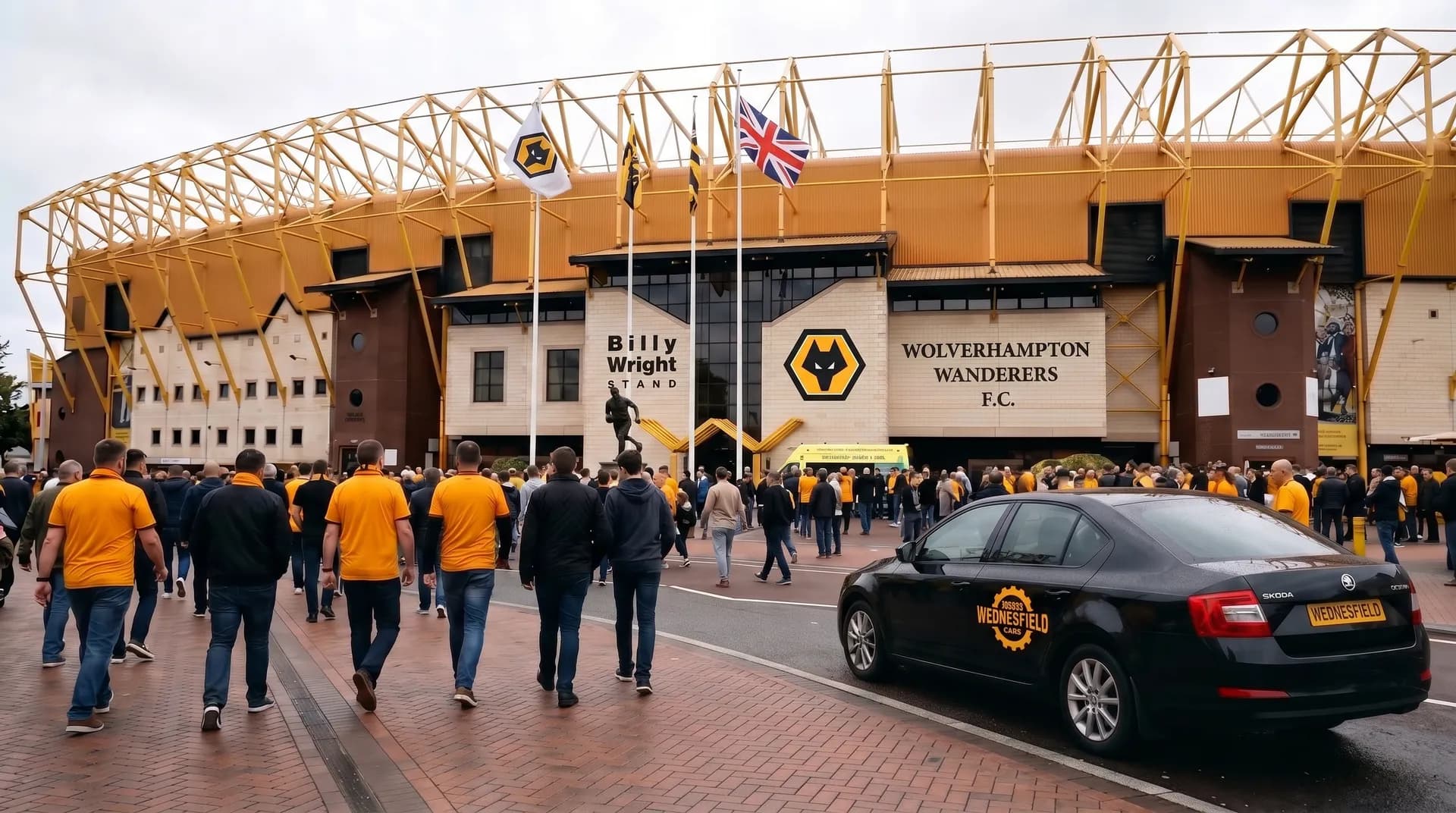 A Wednesfield Cars taxi picking up fans before a Wolves match at Molineux