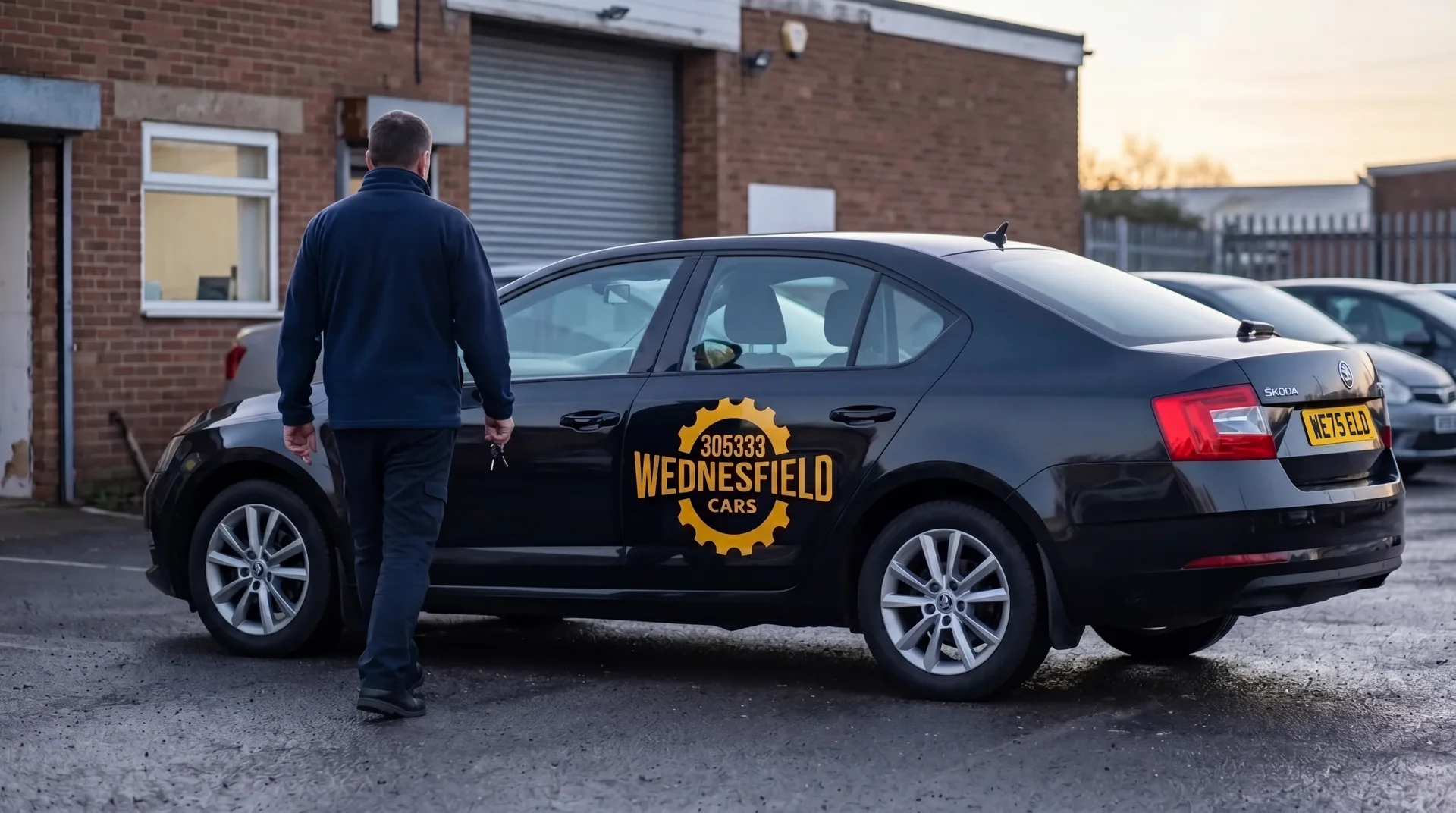 Wednesfield Cars driver in casual fleece walking toward his branded Skoda Octavia at the Raynor Road depot at dawn, coffee in hand